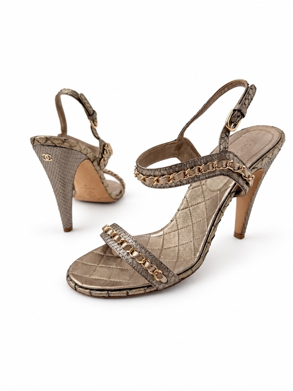 CHANEL | Gold Bronze Python CC Logo Chain Ankle Strap High Heel Sandals  EU 41